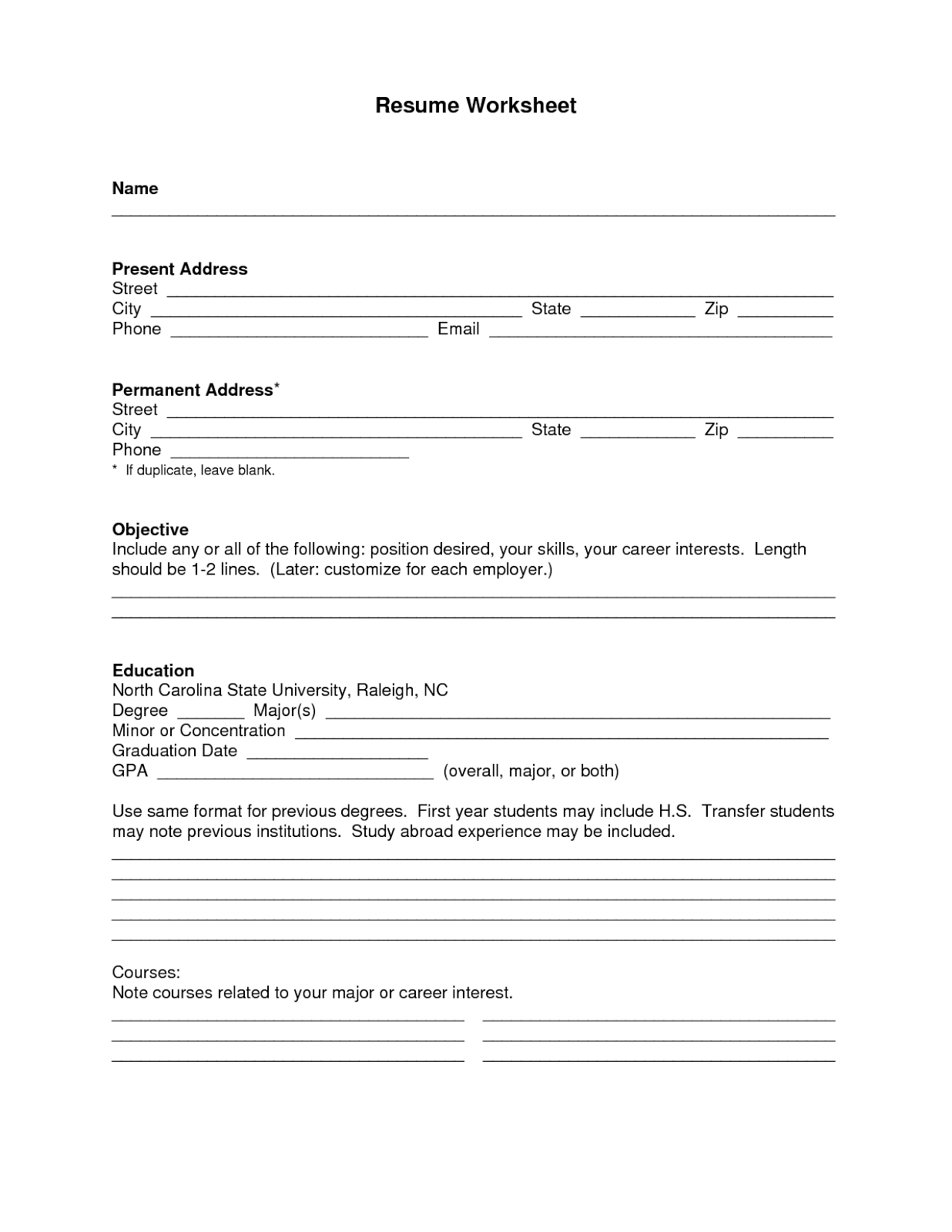 Resume fill out forms